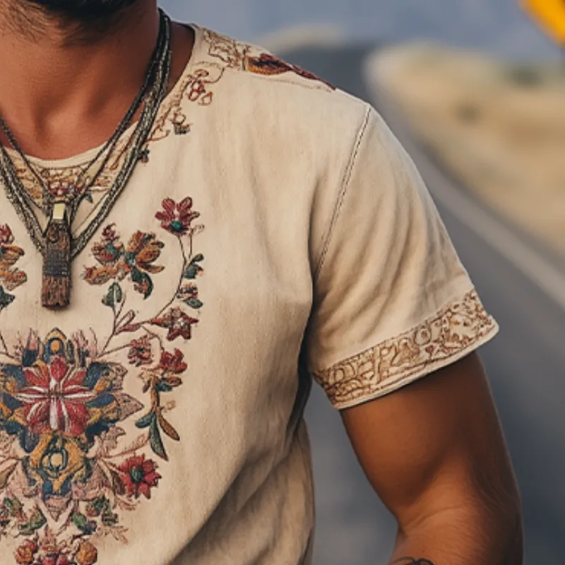 Men's Spring and Summer Classic Retro Western Style Suede Embroidered Short Sleeve T-Shirt MTA1423D7K sold by Manly product image thumbnail 5