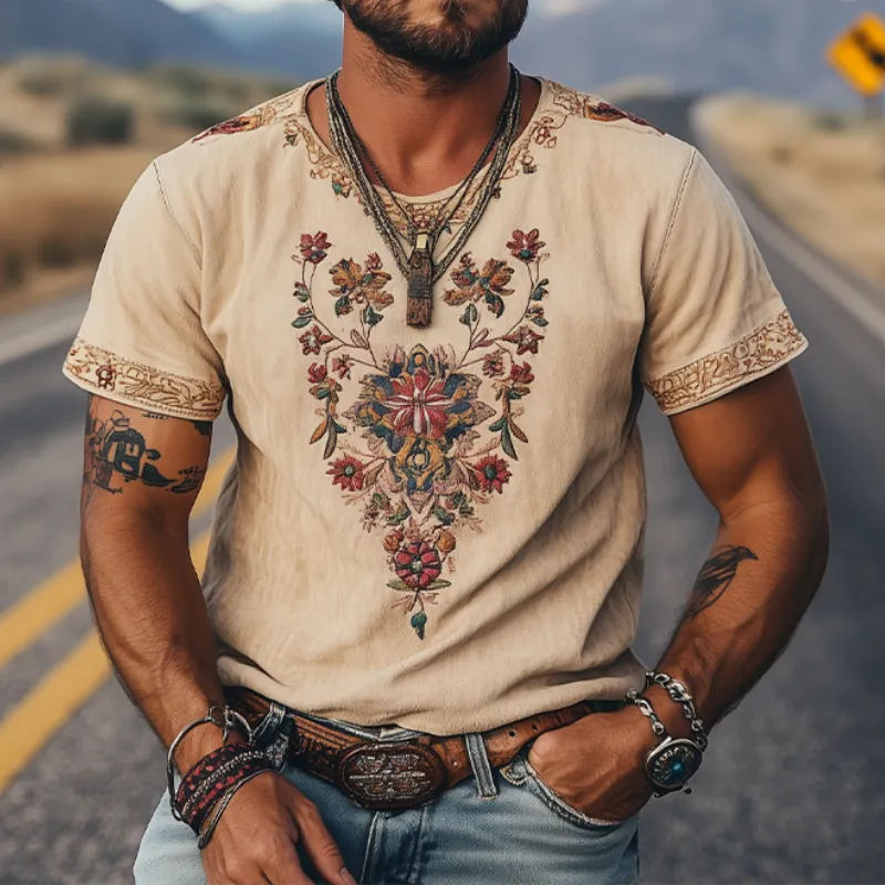 Men's Spring and Summer Classic Retro Western Style Suede Embroidered Short Sleeve T-Shirt MTA1423D7K sold by Manly product image thumbnail 2