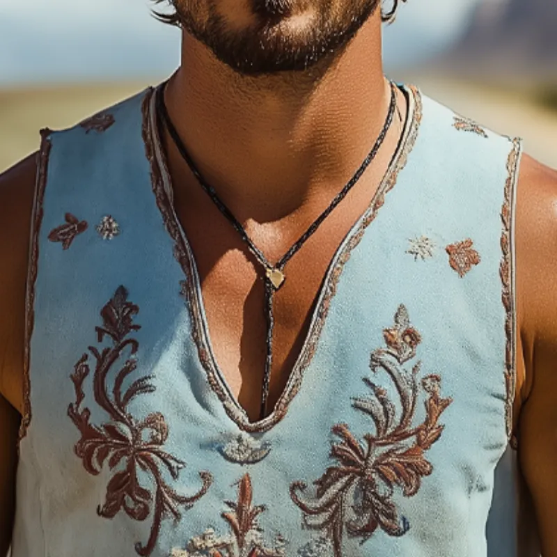 Men's Spring/Summer Classic Retro Western Style Deep V-Neck Suede Embroidered Tank Top MTA1442D7K sold by Manly product image thumbnail 3