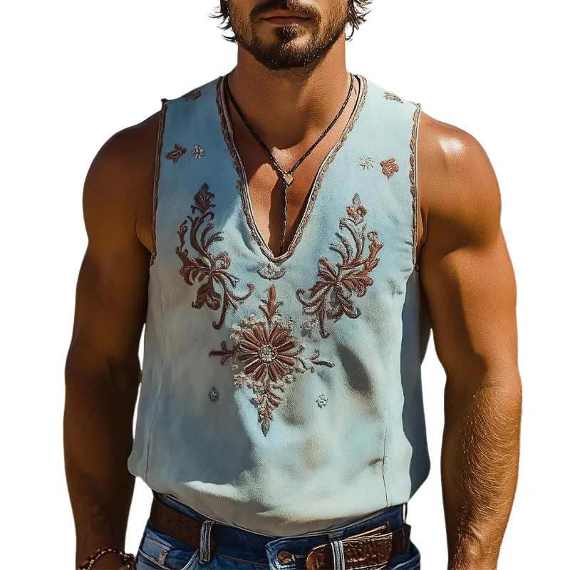 Men's Spring/Summer Classic Retro Western Style Deep V-Neck Suede Embroidered Tank Top MTA1442D7K sold by Manly