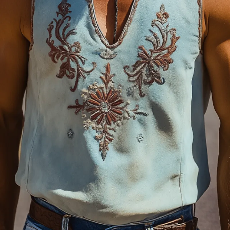 Men's Spring/Summer Classic Retro Western Style Deep V-Neck Suede Embroidered Tank Top MTA1442D7K sold by Manly product image thumbnail 4