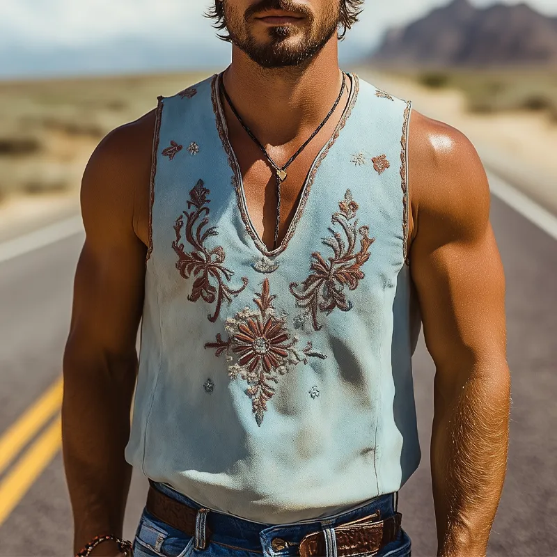 Men's Spring/Summer Classic Retro Western Style Deep V-Neck Suede Embroidered Tank Top MTA1442D7K sold by Manly product image thumbnail 2