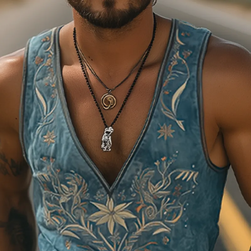 Men's Spring/Summer Classic Retro Western Style Suede Deep V Neck Embroidered Tank Top MTA1440D5K sold by Manly product image thumbnail 4