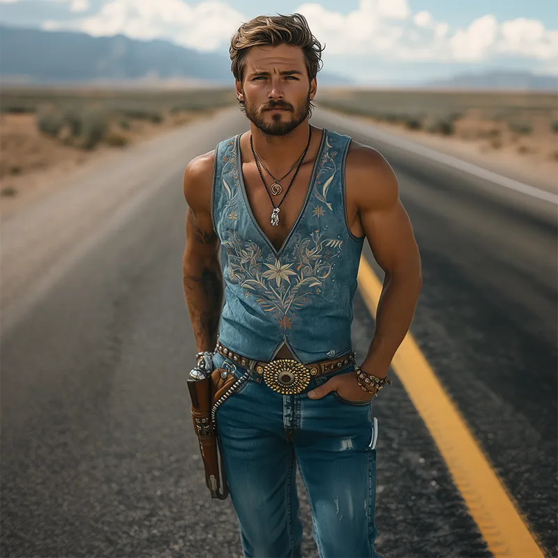 Men's Spring/Summer Classic Retro Western Style Suede Deep V Neck Embroidered Tank Top MTA1440D5K sold by Manly product image thumbnail 3