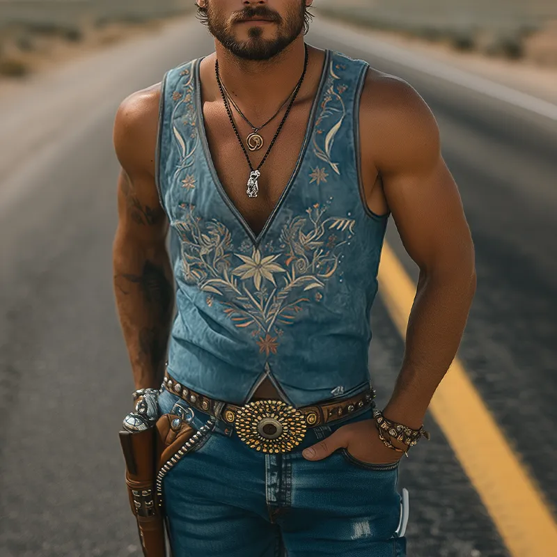 Men's Spring/Summer Classic Retro Western Style Suede Deep V Neck Embroidered Tank Top MTA1440D5K sold by Manly product image thumbnail 2