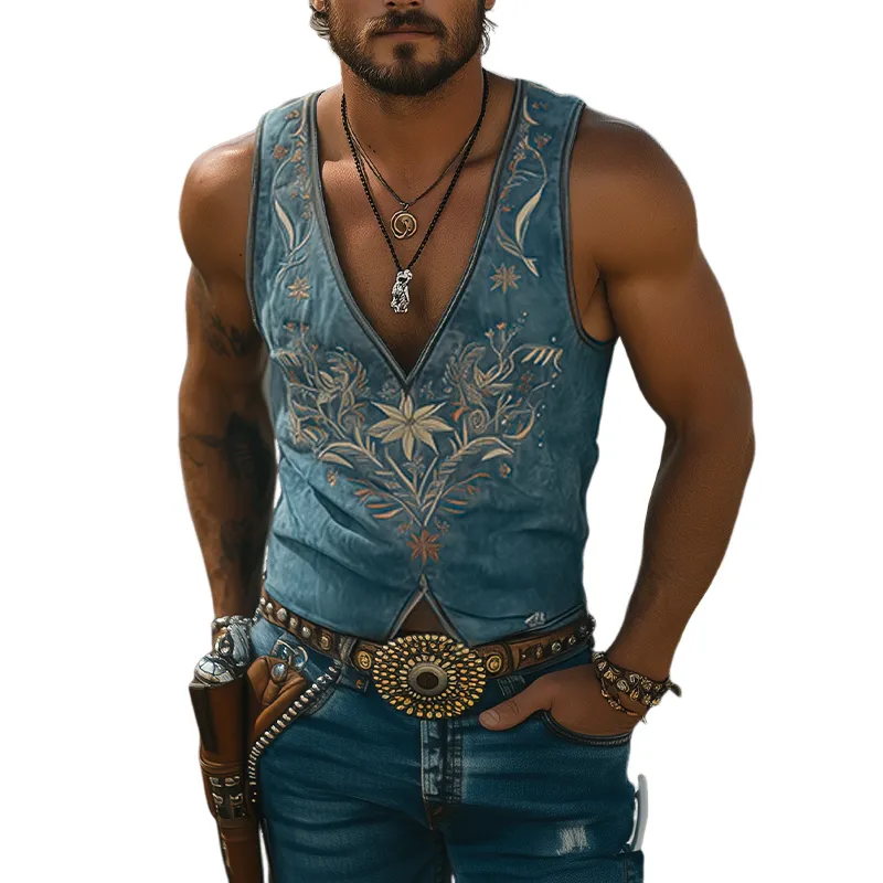 Men's Spring/Summer Classic Retro Western Style Suede Deep V Neck Embroidered Tank Top MTA1440D5K sold by Manly