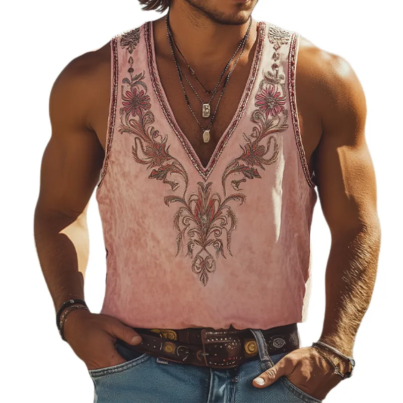 Men's Spring and Summer Fashion Classic Retro Western Style Deep V Neck Suede Embroidered Tank Top MTA1465D9K sold by Manly