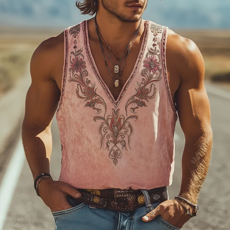 Men's Spring and Summer Fashion Classic Retro Western Style Deep V Neck Suede Embroidered Tank Top MTA1465D9K sold by Manly product image thumbnail 2