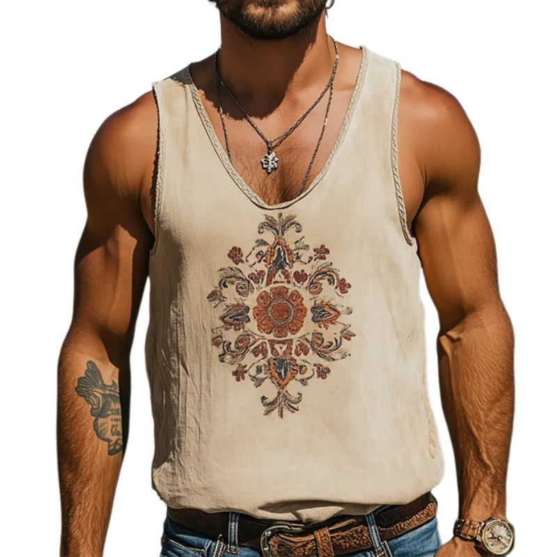 Men's Spring/Summer Classic Retro Western Style Ramie Embroidered Tank Top MTA1444D2K sold by Manly