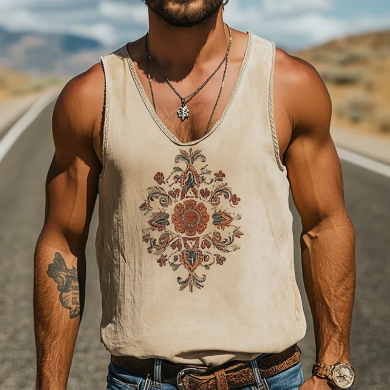 Men's Spring/Summer Classic Retro Western Style Ramie Embroidered Tank Top MTA1444D2K sold by Manly product image thumbnail 2