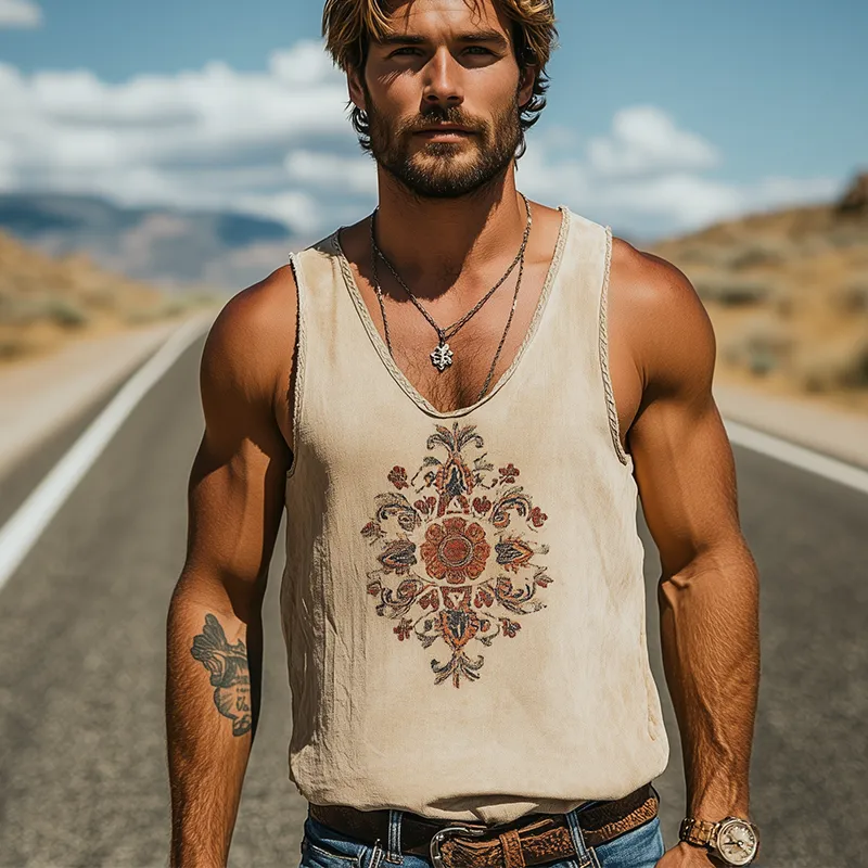 Men's Spring/Summer Classic Retro Western Style Ramie Embroidered Tank Top MTA1444D2K sold by Manly product image thumbnail 3