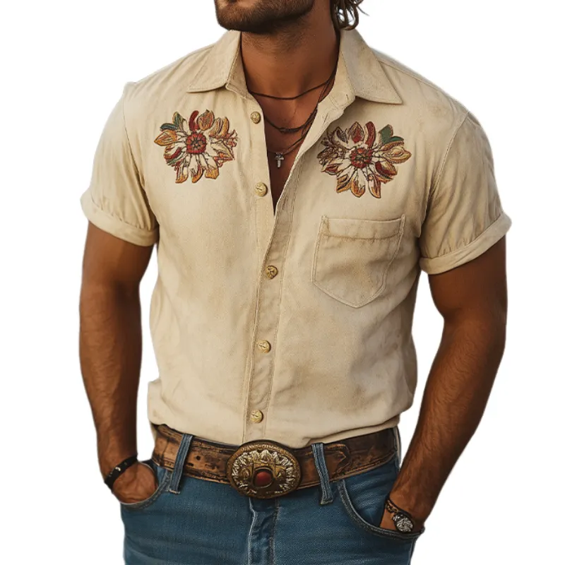 Men's Spring Fashion Classic Retro Western Style Suede Embroidered Short Sleeve Shirt MTA1436D5K sold by Manly