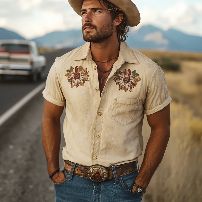 Men's Spring Fashion Classic Retro Western Style Suede Embroidered Short Sleeve Shirt MTA1436D5K sold by Manly product image thumbnail 3