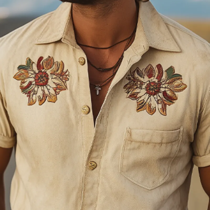 Men's Spring Fashion Classic Retro Western Style Suede Embroidered Short Sleeve Shirt MTA1436D5K sold by Manly product image thumbnail 4