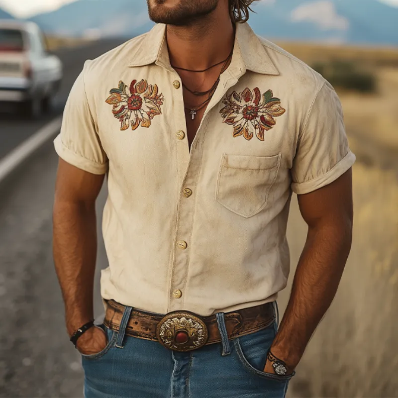 Men's Spring Fashion Classic Retro Western Style Suede Embroidered Short Sleeve Shirt MTA1436D5K sold by Manly product image thumbnail 2