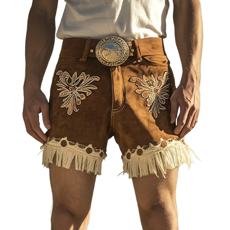 Men's Spring and Summer Fashion Retro Western Style Suede Embroidered Tassel Shorts (Without Belt) MTA1465D3K sold by Manly