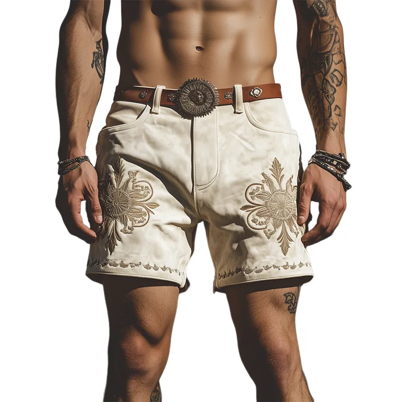 Men's Spring/Summer Fashion Retro Western Style Suede Embroidered Shorts (Without Belt) MTA1404D6K sold by Manly