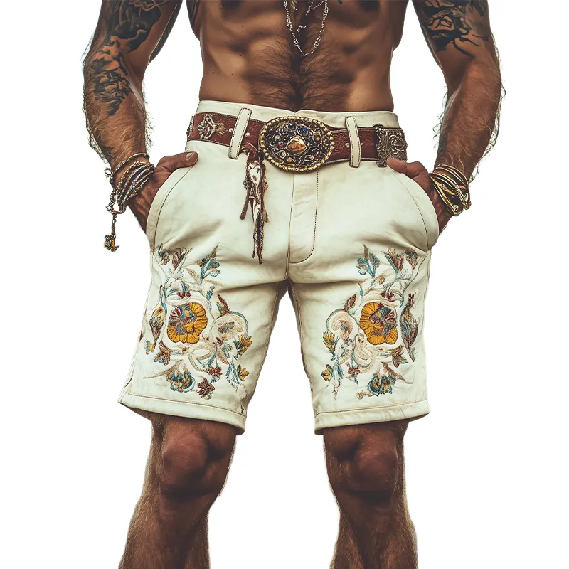 Men's Spring and Summer Fashion Retro Western Style Suede Exquisite Embroidery Shorts (Without Belt) MTA1428D5K sold by Manly