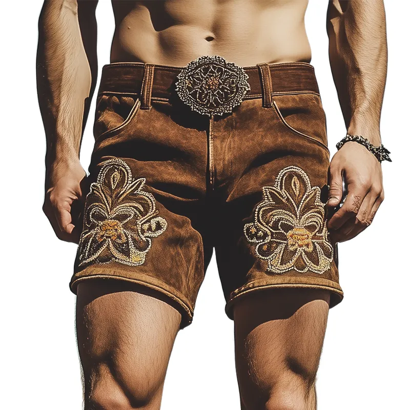 Men's Summer Fashion Retro Western Style Suede Embroidered Shorts (Without Belt) MTA1471D9K sold by Manly