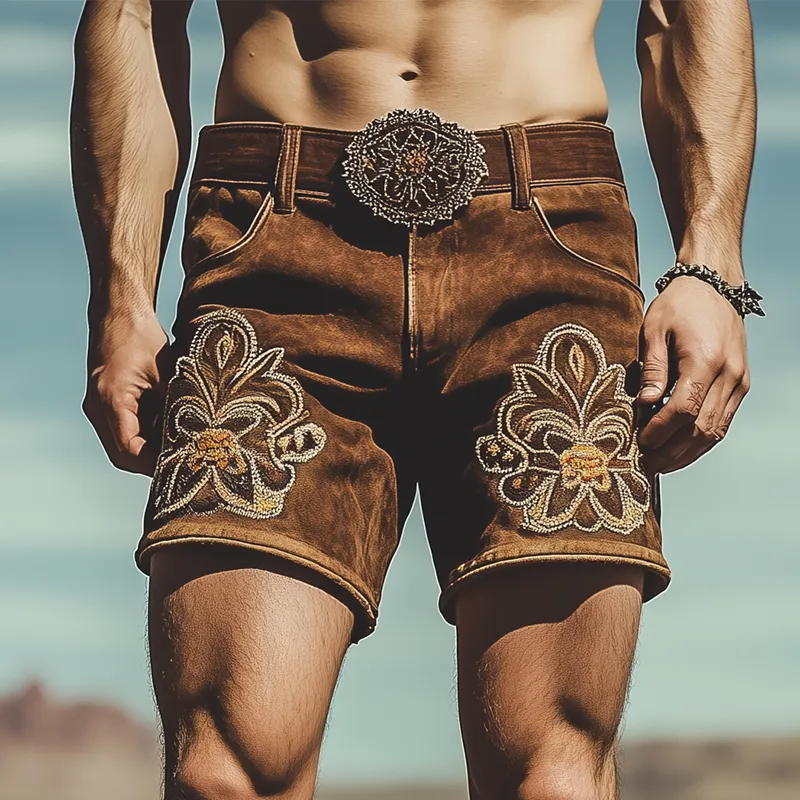 Men's Summer Fashion Retro Western Style Suede Embroidered Shorts (Without Belt) MTA1471D9K sold by Manly product image thumbnail 2