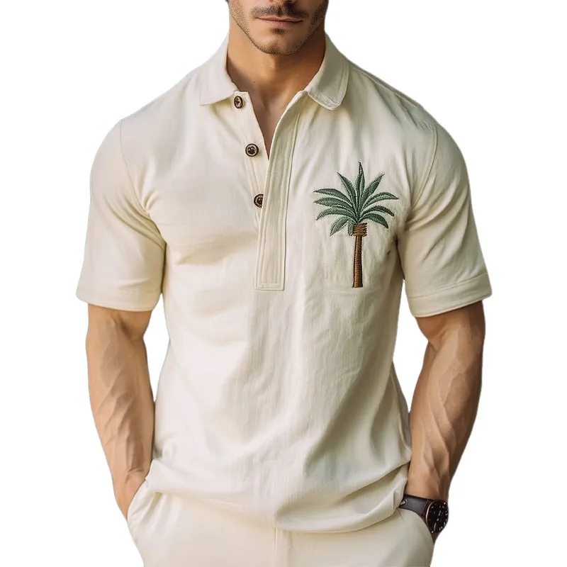 Men's Summer Coconut Tree Embroidery Polo Neck T-Shirt MTA1237D1U sold by Manly