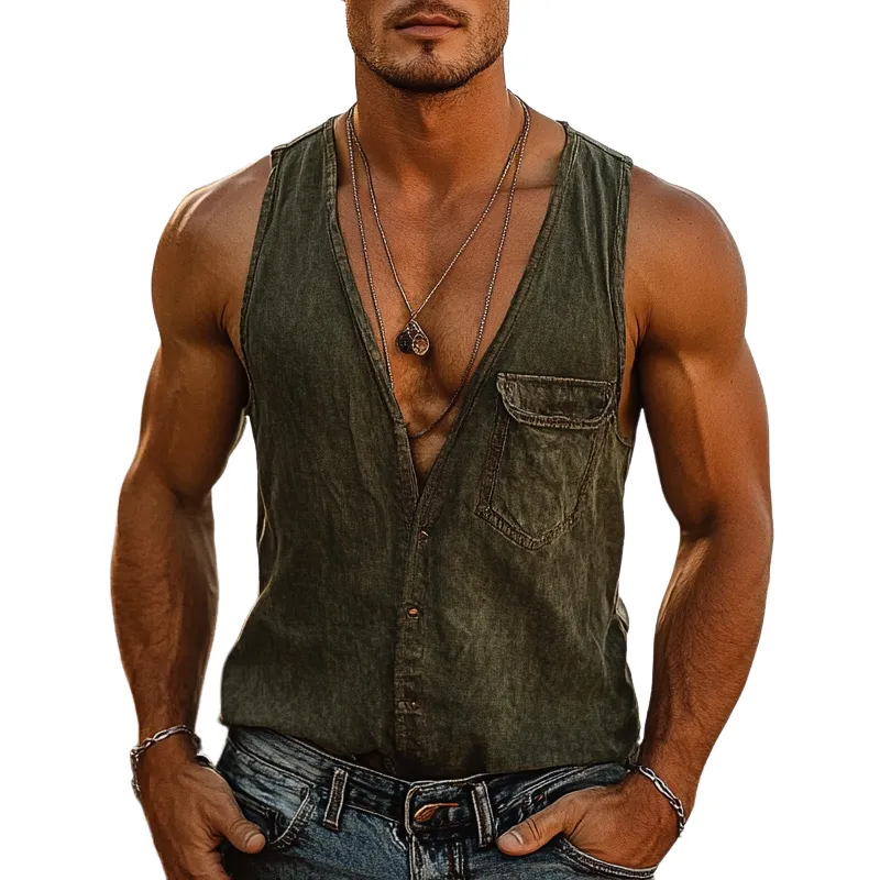 Men's Vintage Distressed V-Neck Thin Denim Vest MTA1106D1X sold by Manly