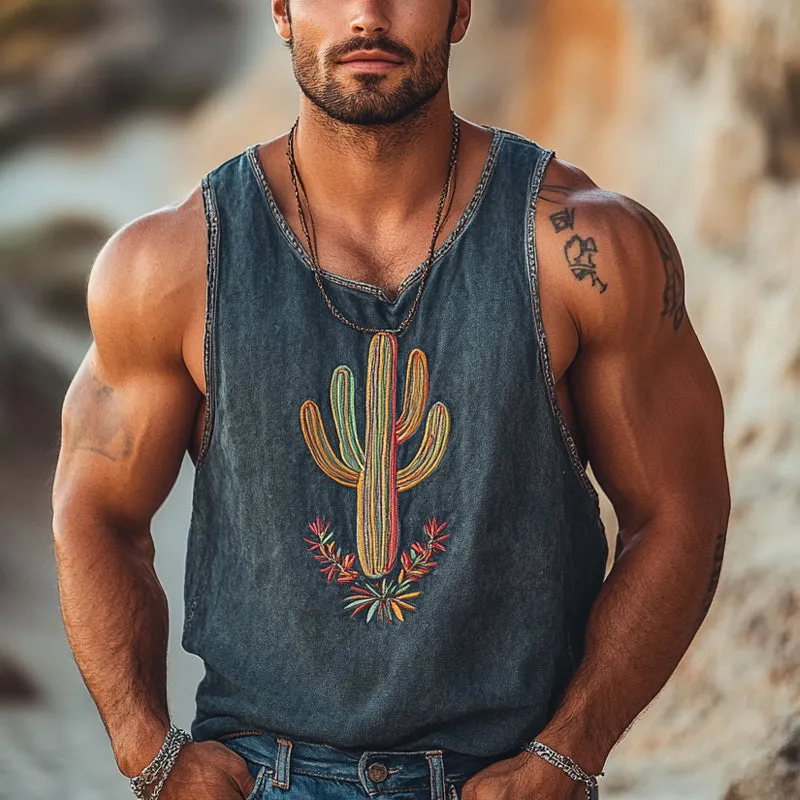 Men's Washed Vintage Round Neck Cactus Embroidered Tank Top MTA1123D6X sold by Manly product image thumbnail 2