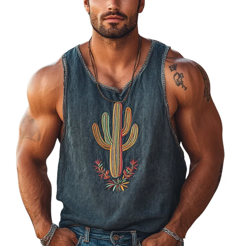 Men's Washed Vintage Round Neck Cactus Embroidered Tank Top MTA1123D6X sold by Manly