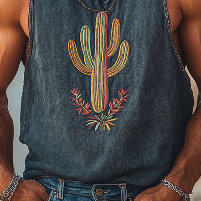 Men's Washed Vintage Round Neck Cactus Embroidered Tank Top MTA1123D6X sold by Manly product image thumbnail 3