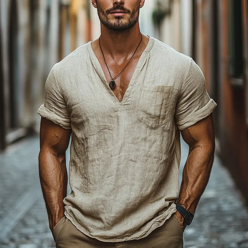 Men's Cotton and Linen Loose V-neck Short-sleeved T-shirt MTA1213D7X sold by Manly product image thumbnail 2