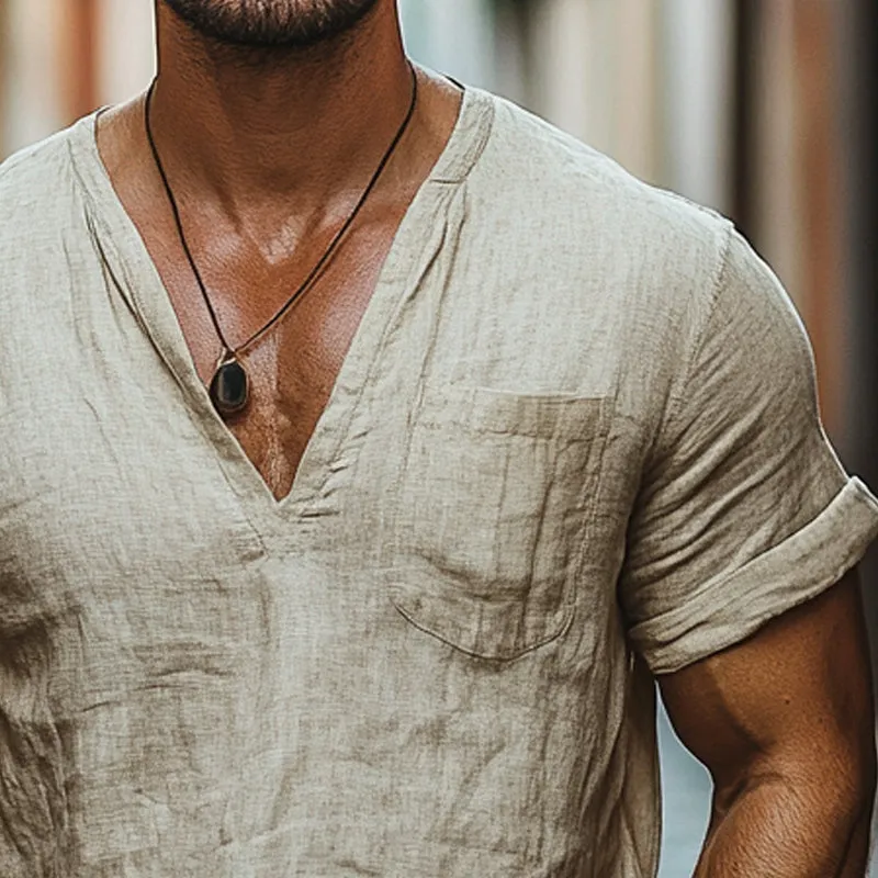 Men's Cotton and Linen Loose V-neck Short-sleeved T-shirt MTA1213D7X sold by Manly product image thumbnail 3