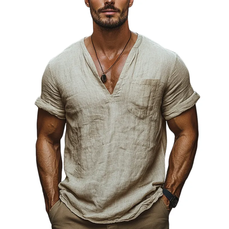 Men's Cotton and Linen Loose V-neck Short-sleeved T-shirt MTA1213D7X sold by Manly
