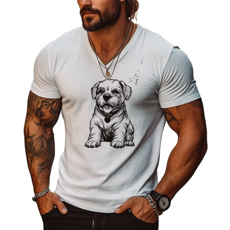 Men's Casual Dog Print V-Neck Short Sleeve T-Shirt MTA1215D4X sold by Manly