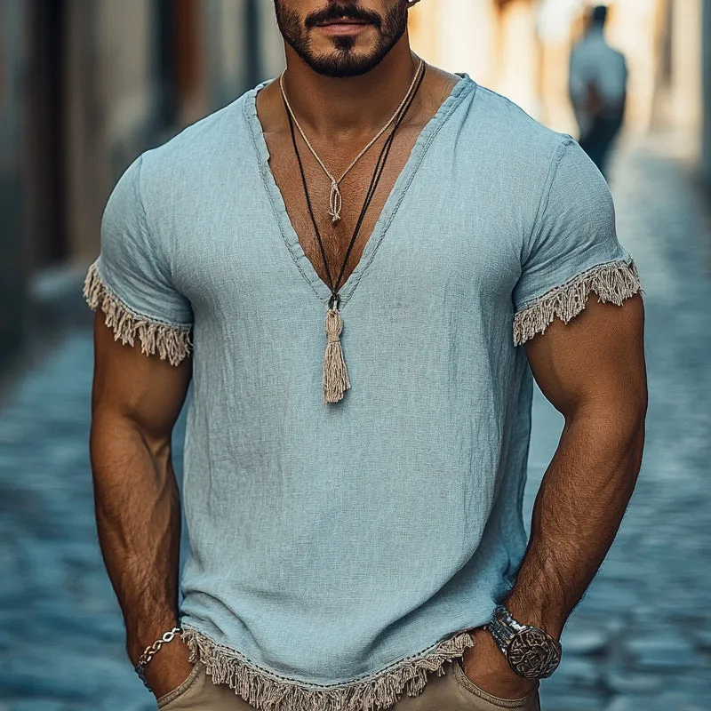 Men's Cotton and Linen Fringed Hem V-Neck Short Sleeve T-Shirt MTA1255D6X sold by Manly product image thumbnail 2