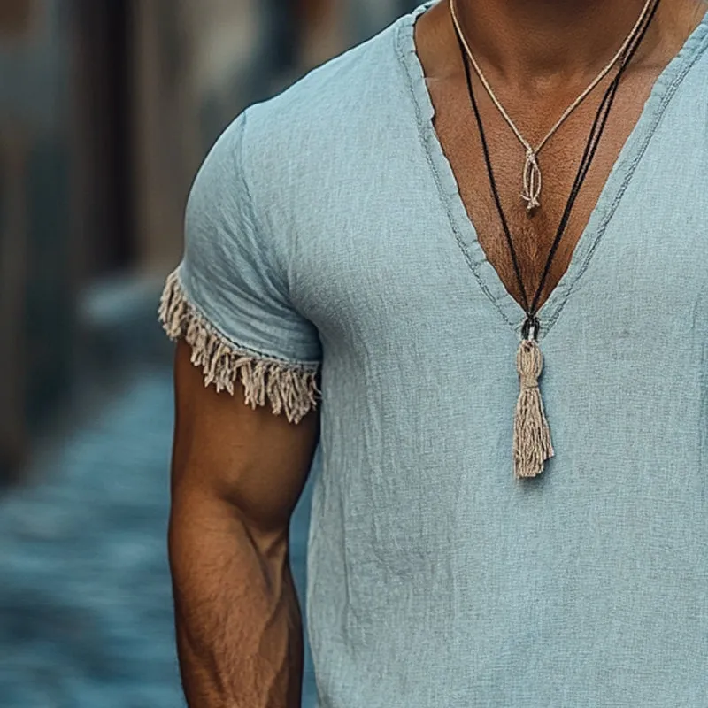 Men's Cotton and Linen Fringed Hem V-Neck Short Sleeve T-Shirt MTA1255D6X sold by Manly product image thumbnail 3