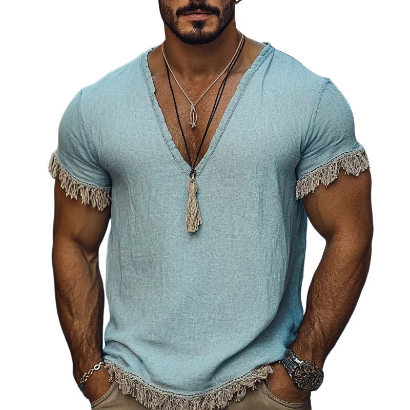 Men's Cotton and Linen Fringed Hem V-Neck Short Sleeve T-Shirt MTA1255D6X sold by Manly