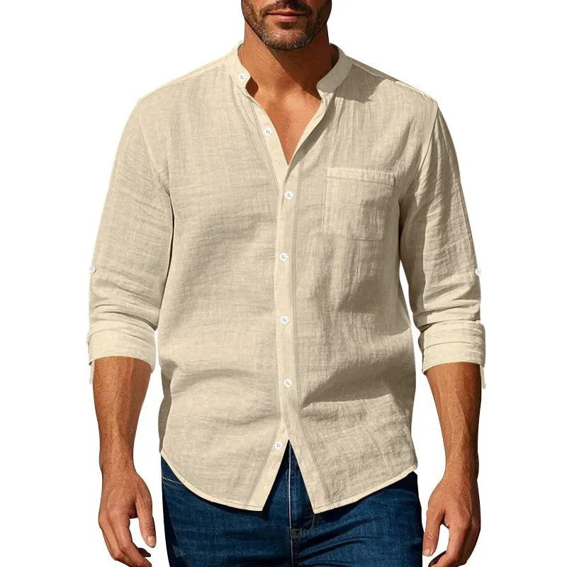 Men's Cotton And Linen Casual Stand Collar Long Sleeve Shirt MTA1465D8X sold by Manly