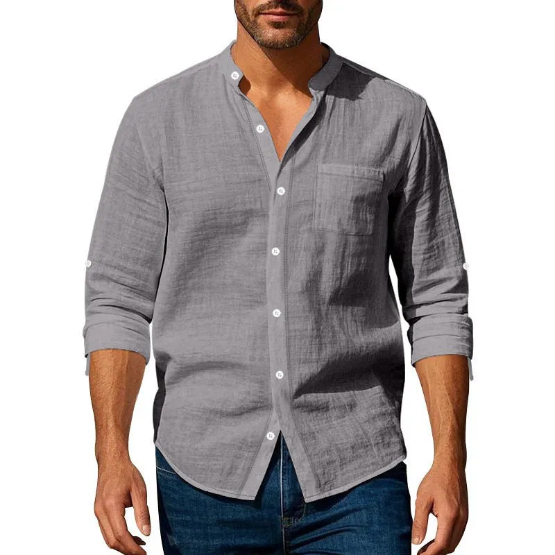 Men's Cotton And Linen Casual Stand Collar Long Sleeve Shirt MTA1465D8X sold by Manly product image thumbnail 4
