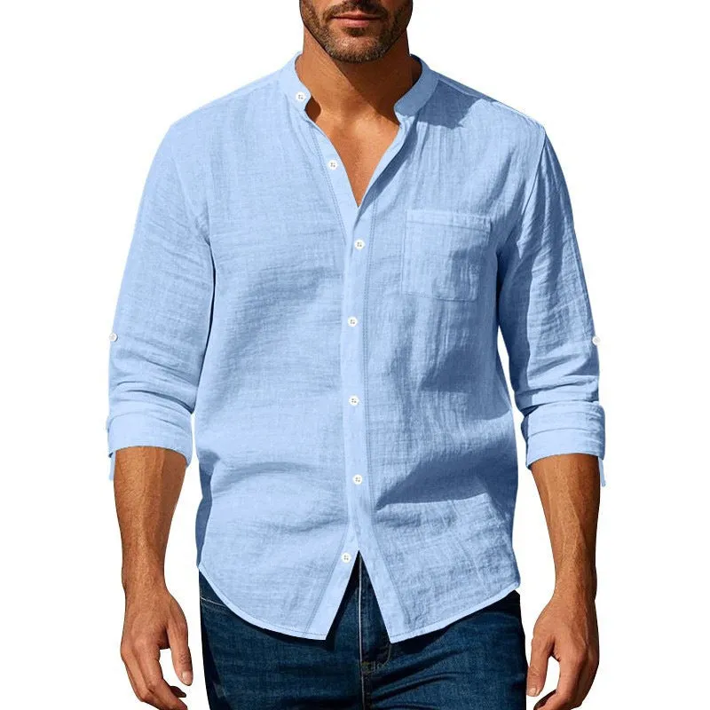 Men's Cotton And Linen Casual Stand Collar Long Sleeve Shirt MTA1465D8X sold by Manly product image thumbnail 3