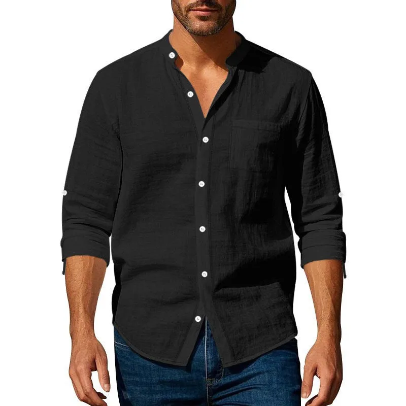 Men's Cotton And Linen Casual Stand Collar Long Sleeve Shirt MTA1465D8X sold by Manly product image thumbnail 5