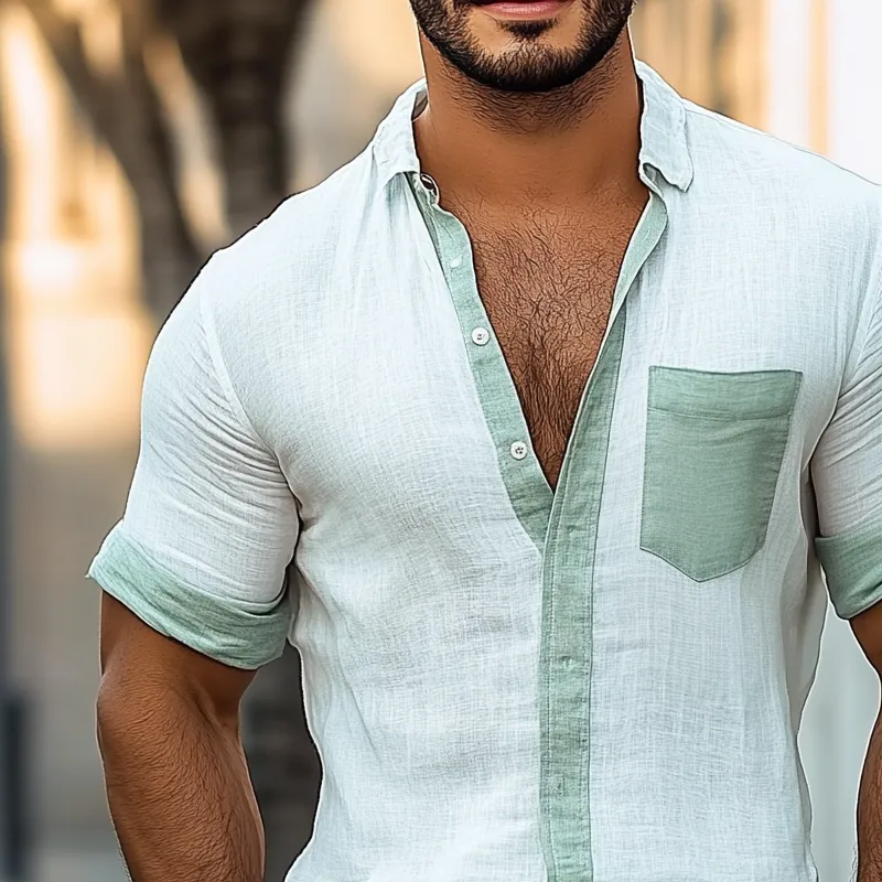 Men's Colorblock Cotton And Linen Lapel Short Sleeve Shirt MTA1475D9Z sold by Manly product image thumbnail 3