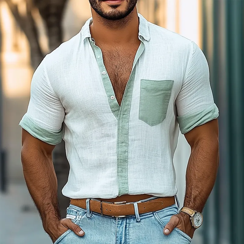 Men's Colorblock Cotton And Linen Lapel Short Sleeve Shirt MTA1475D9Z sold by Manly product image thumbnail 2