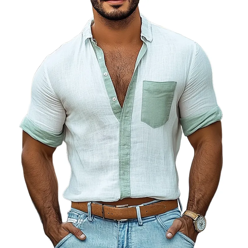 Men's Colorblock Cotton And Linen Lapel Short Sleeve Shirt MTA1475D9Z sold by Manly