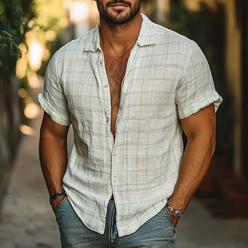 Men's Fashion Plaid Lapel Short Sleeve Shirt MTA1401D5Z sold by Manly product image thumbnail 2