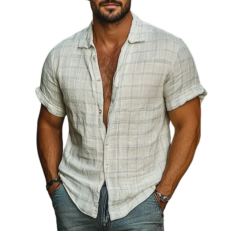 Men's Fashion Plaid Lapel Short Sleeve Shirt MTA1401D5Z sold by Manly