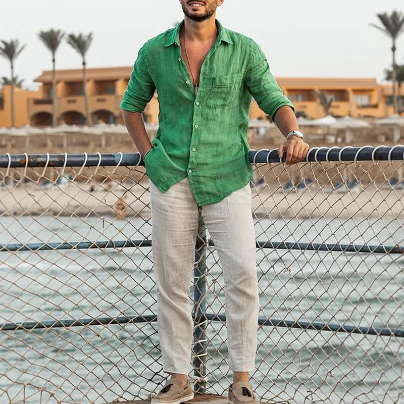 Men's Solid Cotton And Linen Lapel Long Sleeve Shirt MTA1454D7Z sold by Manly product image thumbnail 4