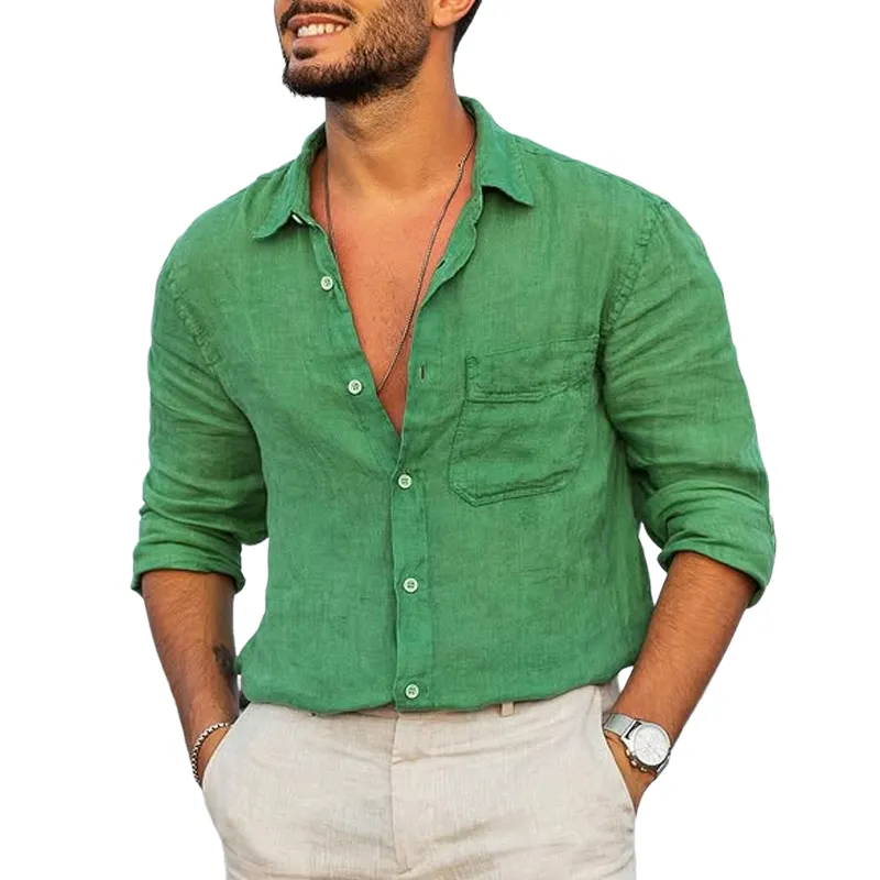 Men's Solid Cotton And Linen Lapel Long Sleeve Shirt MTA1454D7Z sold by Manly