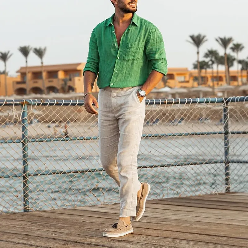 Men's Solid Cotton And Linen Lapel Long Sleeve Shirt MTA1454D7Z sold by Manly product image thumbnail 3