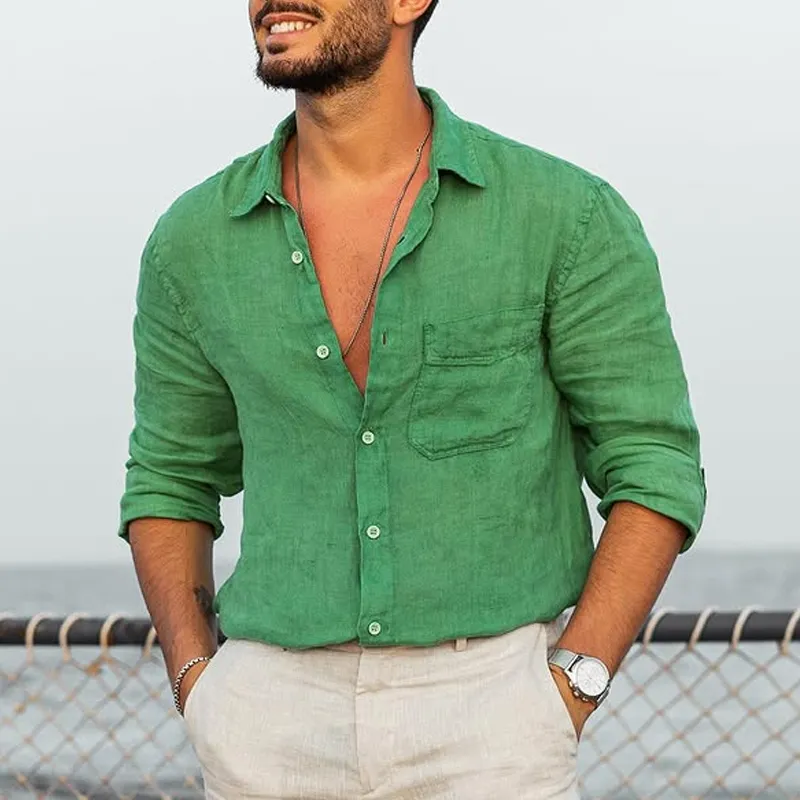 Men's Solid Cotton And Linen Lapel Long Sleeve Shirt MTA1454D7Z sold by Manly product image thumbnail 2