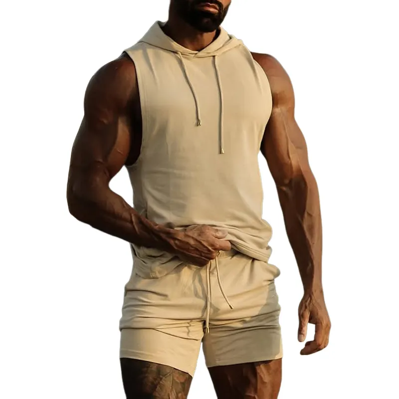 Men's Solid Hooded Sleeveless Tank Top Shorts Casual Sports Set MTA1454D4Z sold by Manly